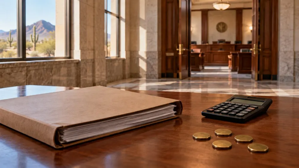 Generic legal file, calculator and five unmarked brass tokens on a courthouse table with Arizona desert scenery outside.