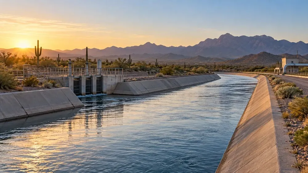 A concrete-lined water canal carries water through an arid Arizona desert landscape at sunrise.