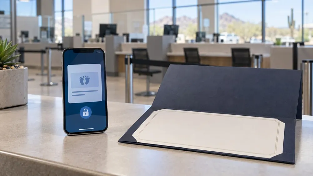 Smartphone showing an abstract secure birth credential beside a blank certificate folder at an Arizona motor-vehicle service counter