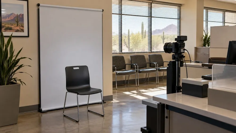 An empty identification-photo station with a chair and camera in a generic Arizona motor-vehicle office.