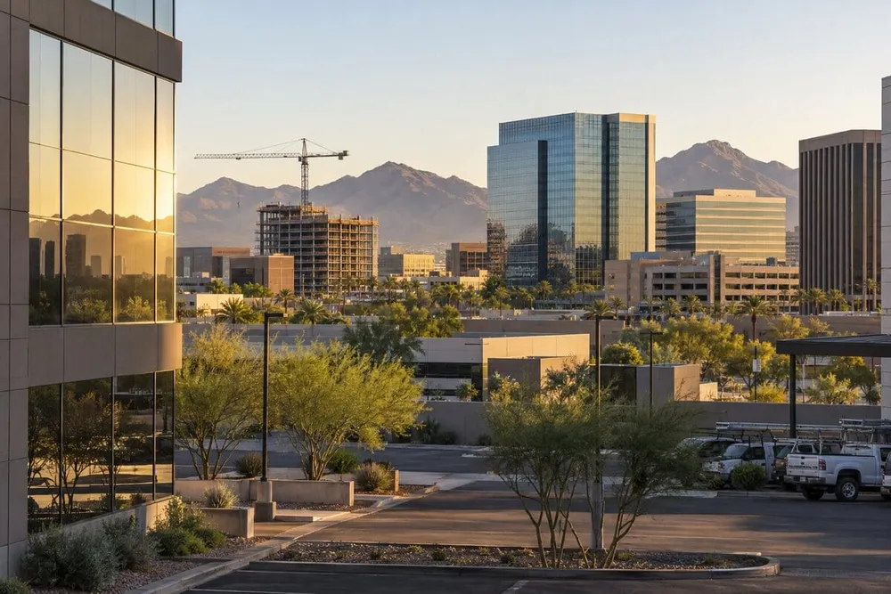 Phoenix-area office buildings, construction and desert mountains in early morning light