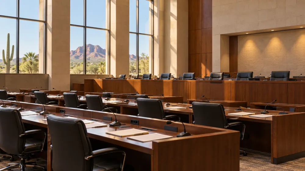 An empty legislative committee hearing room with desks, microphones and warm Arizona daylight.