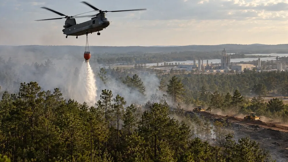 Generic heavy-lift helicopter dropping water over a smoky Arkansas pine forest as bulldozers cut a firebreak.