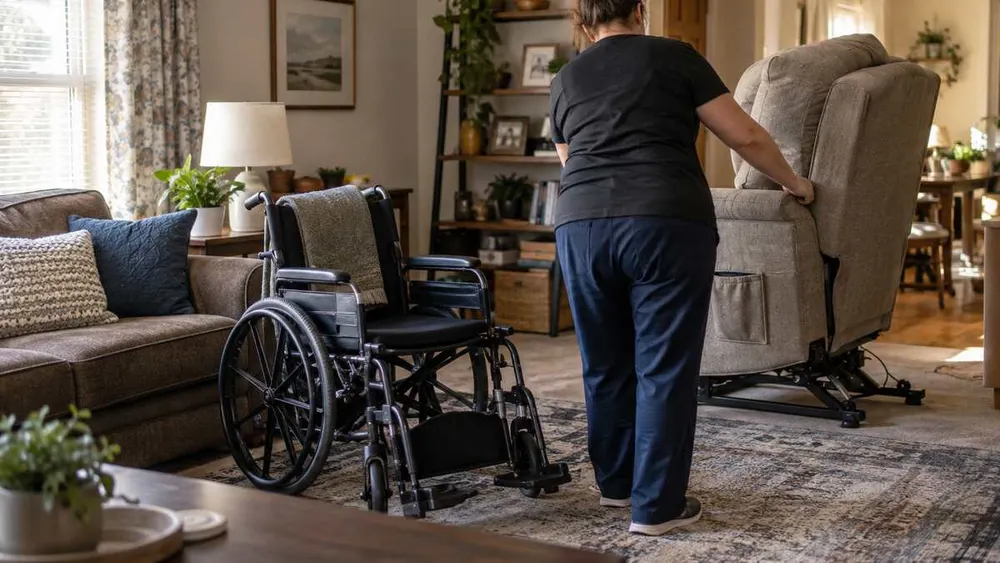 Caregiver in a home living room beside an empty wheelchair and accessible recliner.