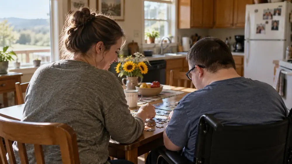 A caregiver and an adult wheelchair user work on a puzzle together at a kitchen table in a sunlit Arkansas home.