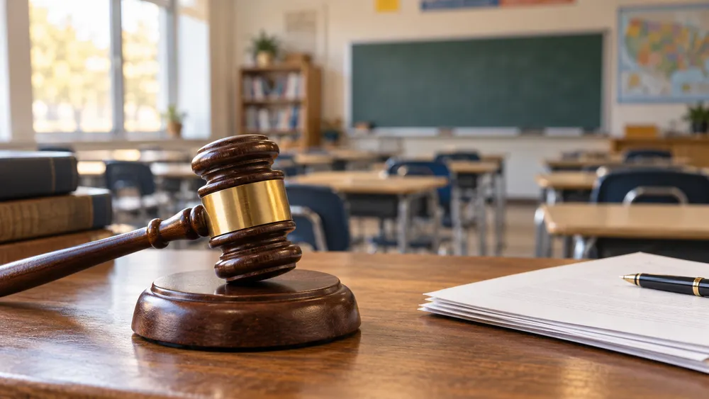 Judge's gavel and legal papers with an empty public-school classroom in the background