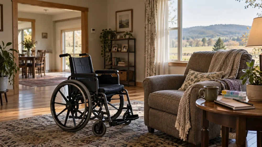 An empty wheelchair beside an armchair and caregiver supplies in a sunlit accessible Arkansas home.
