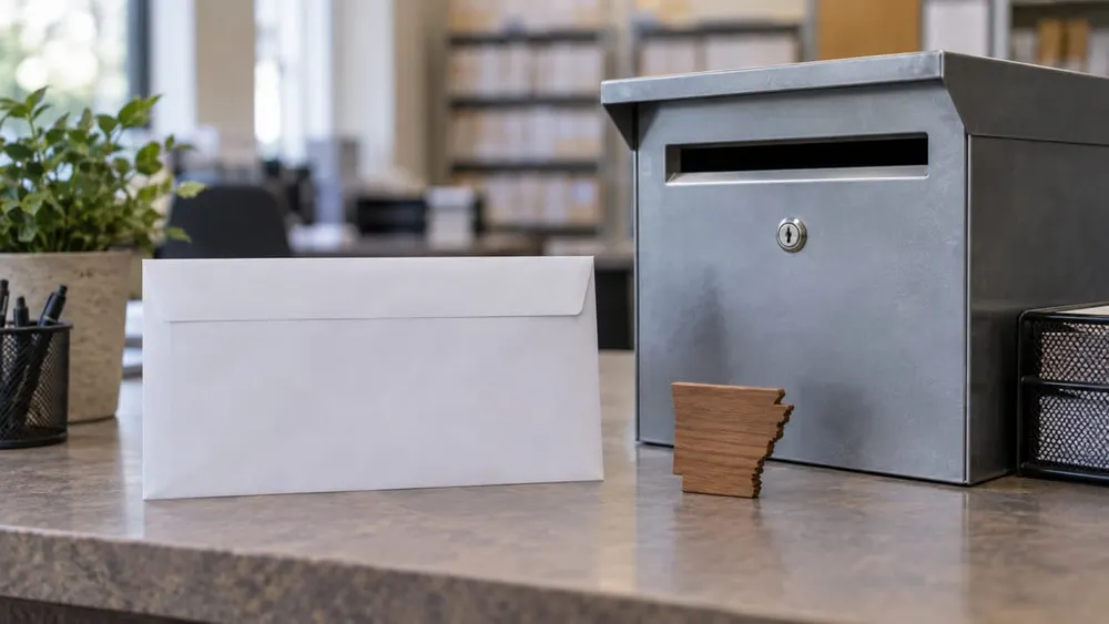 Generic absentee ballot envelope beside an unbranded ballot box and a wooden Arkansas shape in a county election office