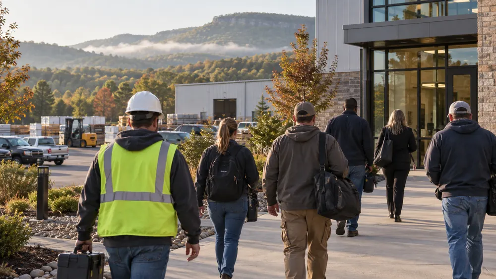 Workers arrive at an Arkansas commercial and light-industrial workplace on an early autumn morning.