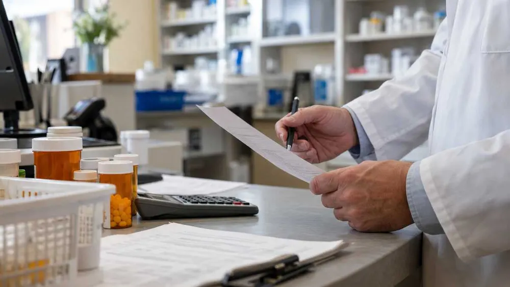 A pharmacist reviewing a reimbursement statement beside generic medicine bottles on a pharmacy counter