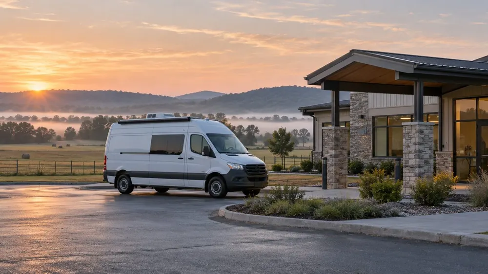 Illustrative view of an unmarked mobile health van outside a rural Arkansas clinic at sunrise.