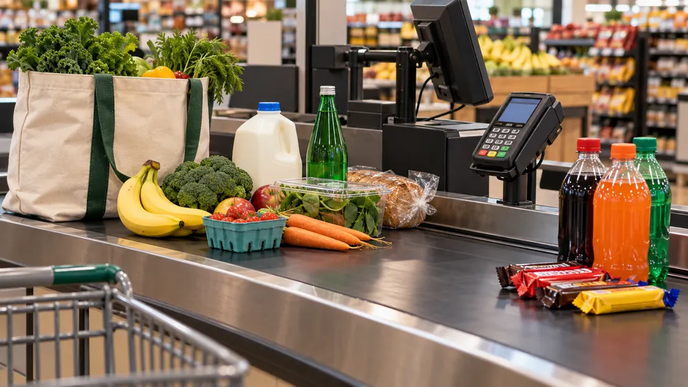 Illustrative grocery checkout with staple foods and sweetened products separated beside a payment terminal.
