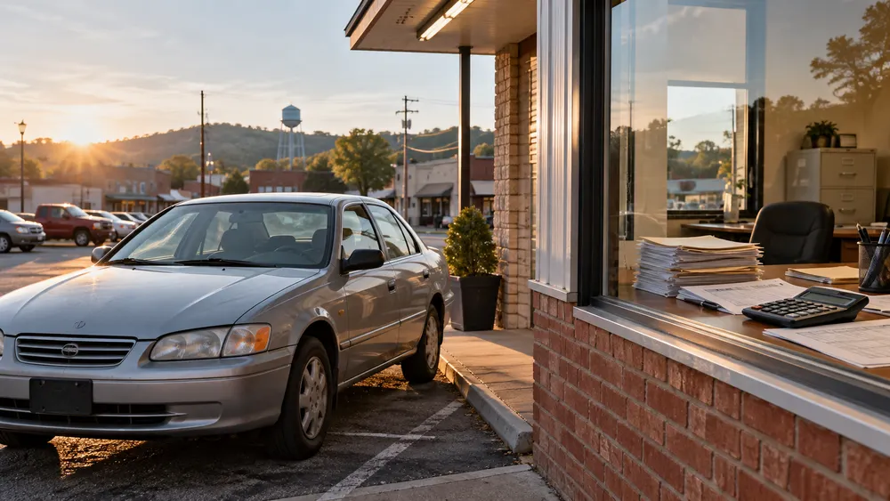 A modest used sedan parked outside a small-town consumer finance office in Arkansas.