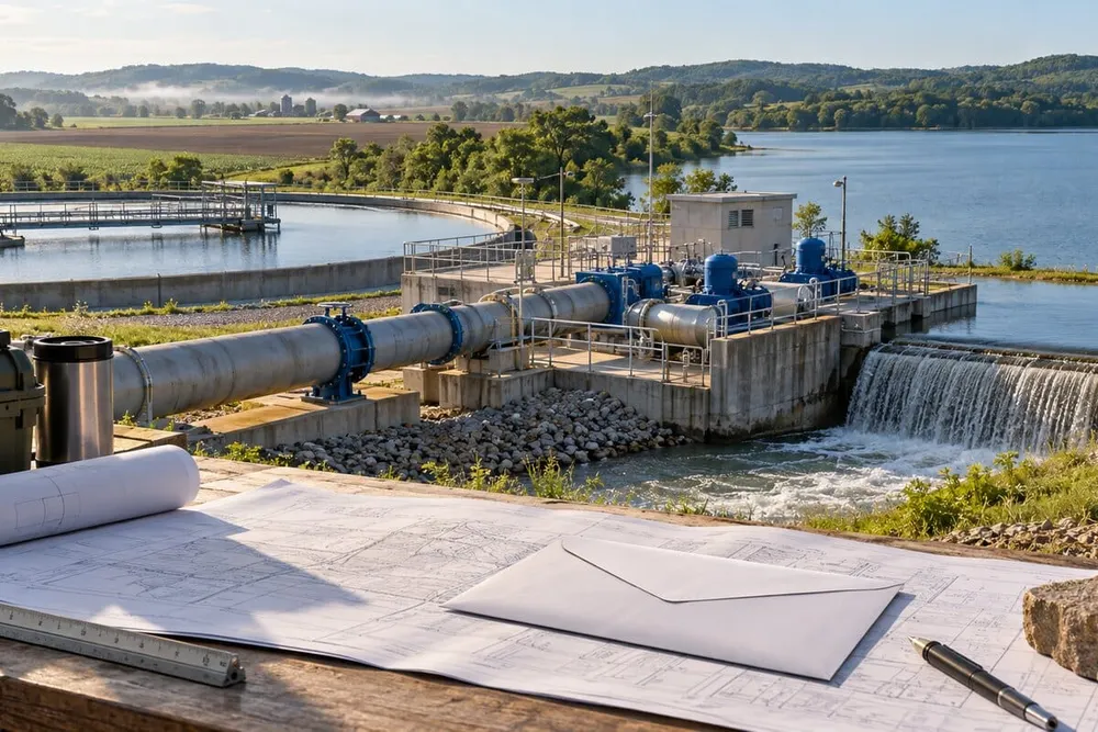Conceptual view of Arkansas water infrastructure with an unmarked ballot envelope on engineering plans.