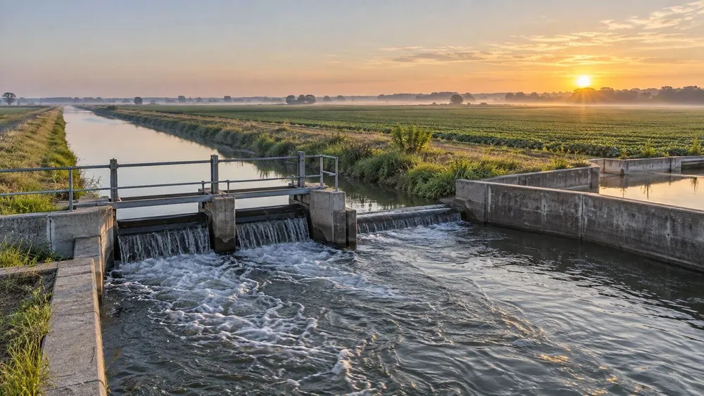 Irrigation channel and water-control structure across Arkansas farmland at sunrise
