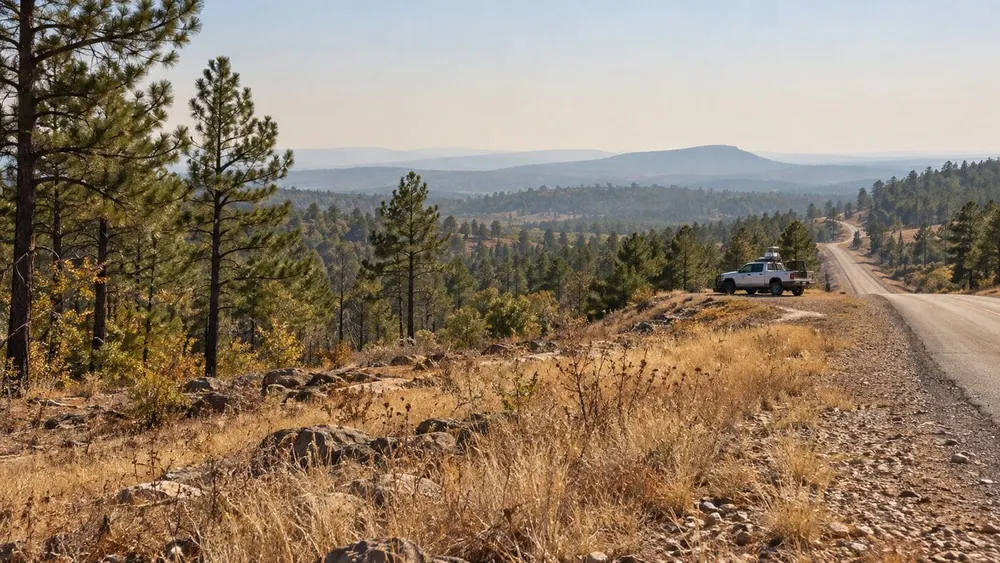 Dry Arkansas pine woodland and grass beside a rural road under hazy late-summer skies