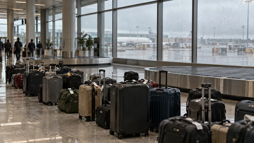 Suitcases lined up beside baggage carousels in a rain-soaked airport terminal.