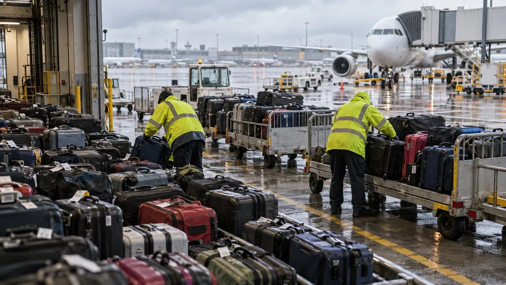 Airport ground workers sort delayed suitcases onto baggage carts beside a rain-wet aircraft ramp.