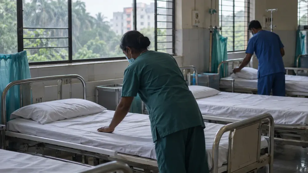 An unbranded hospital intake area in Bangladesh during monsoon season with anonymous staff preparing empty beds under natural light