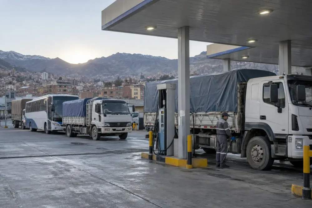 Cargo trucks and a bus wait at an unbranded fuel station in La Paz at dawn.