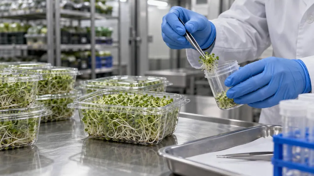 Laboratory technician samples packaged broccoli sprouts on a food safety inspection table