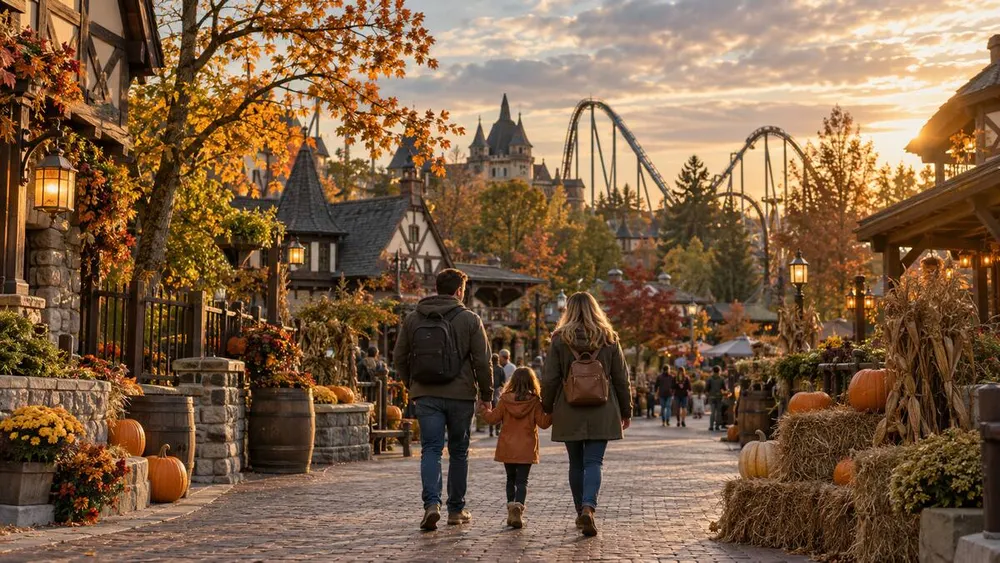 A family walks through an autumn-decorated European-style theme park near sunset, with a roller coaster in the distance.
