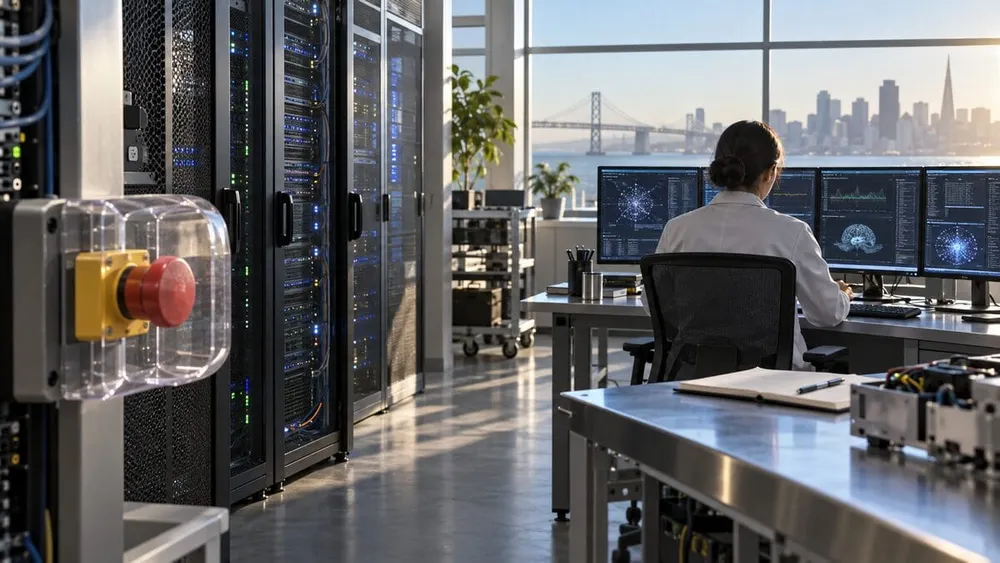 Anonymous engineer working beside server racks and an unlabelled emergency-stop control in a generic California technology laboratory.