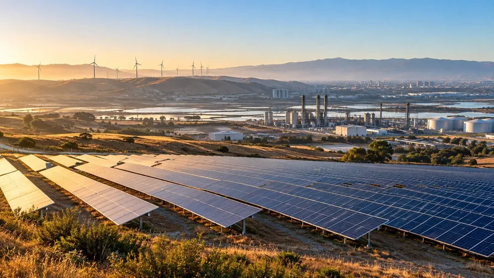 California solar arrays, wind turbines and industrial infrastructure in clear morning light