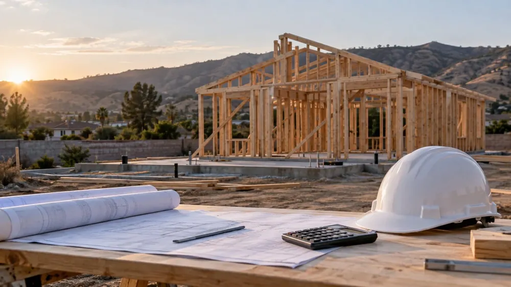Construction plans, a hard hat and calculator on a worktable before a newly framed Southern California home.