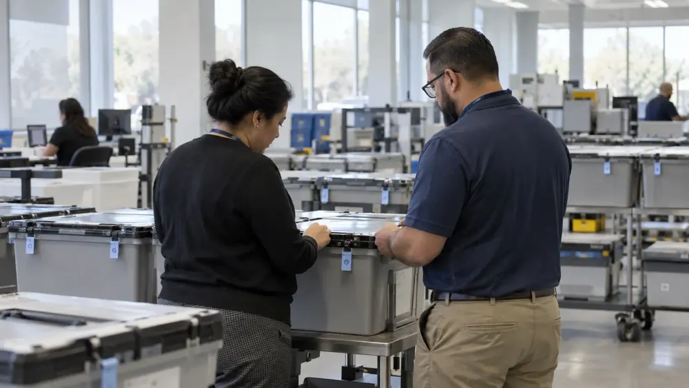 Election workers inspect sealed ballot containers in a county election processing room.