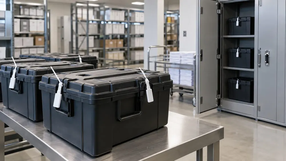 Sealed generic ballot transfer cases and an unbranded secure cabinet in a modern election records room