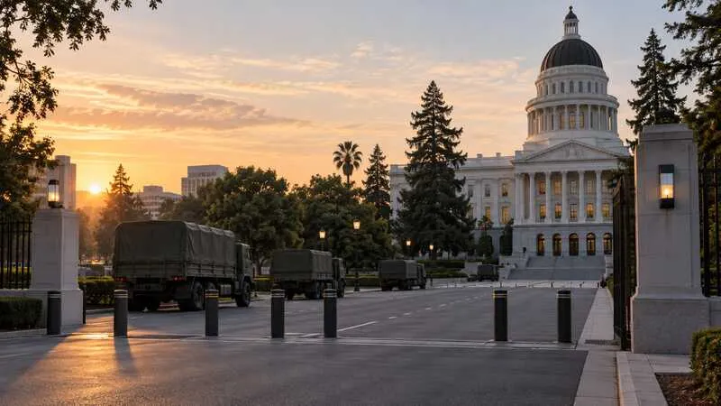 AI-generated illustration of unmarked military transport vehicles outside a California state-government complex.