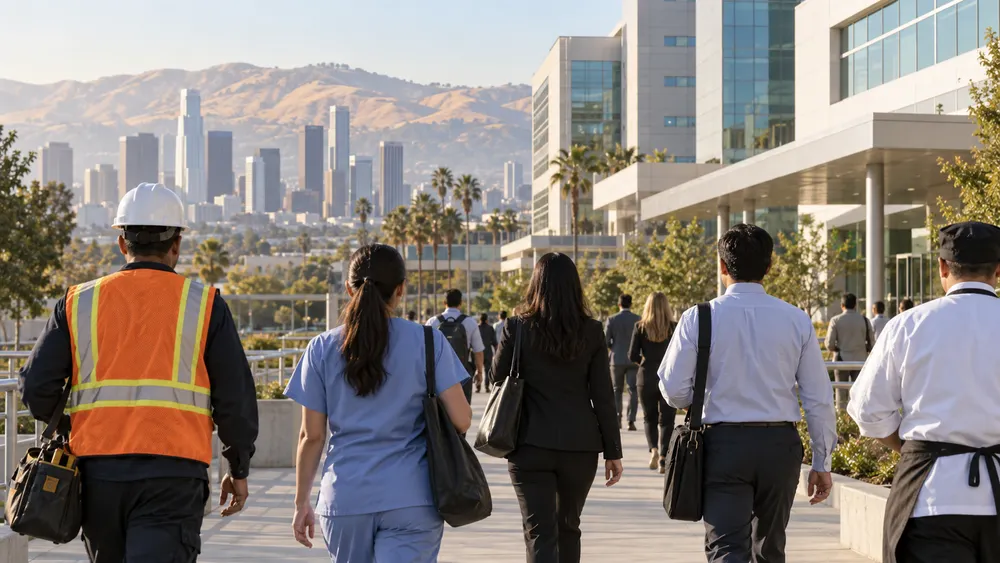Workers arrive at a California healthcare and business district in early morning light.