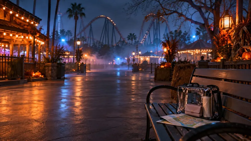 Conceptual nighttime amusement park midway with Halloween lighting, fog, a clear bag and park map on a bench