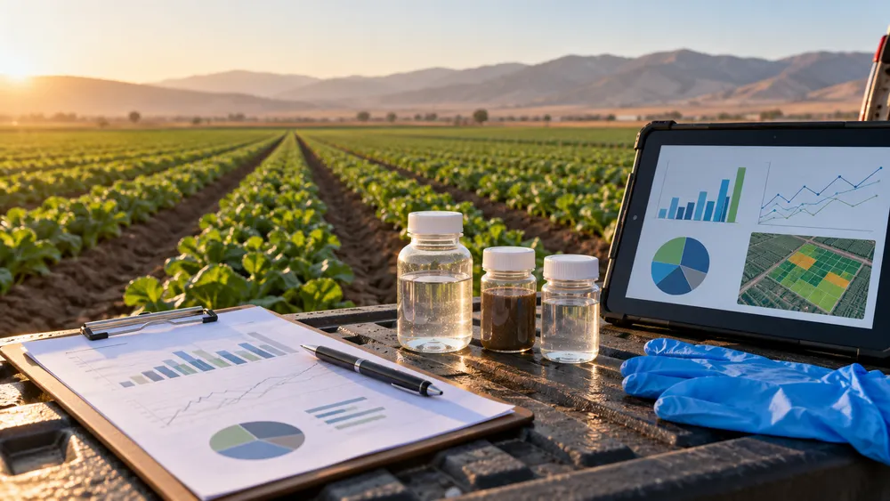 Illustrative California crop rows with unlabeled sampling supplies and a tablet displaying abstract data charts.