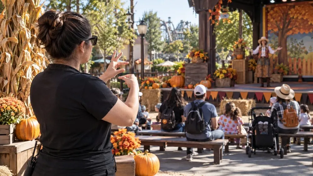 Interpreter signing beside a family-friendly outdoor Halloween stage at a generic California amusement park.
