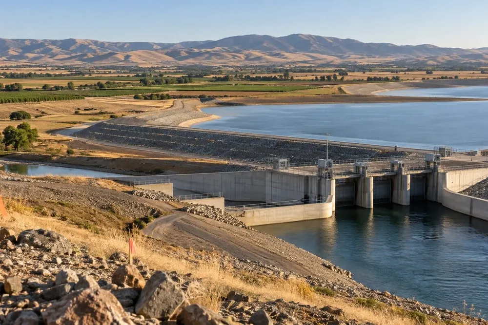 Conceptual view of a large off-stream reservoir and water-control structures in California’s dry interior.