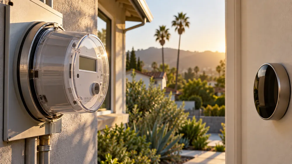 Residential electricity meter and home thermostat in warm late-summer light