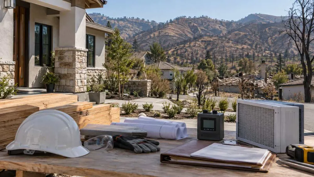 Wildfire recovery worktable with construction plans and air-quality equipment outside a repaired California home.