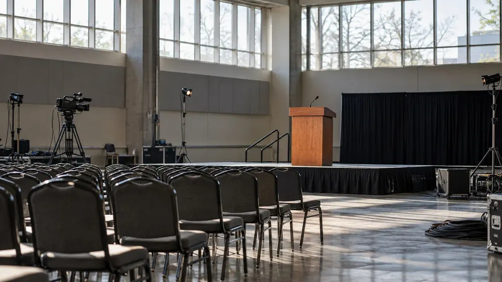 An empty event hall with rows of chairs, broadcast equipment and an unbranded lectern before a campaign appearance.