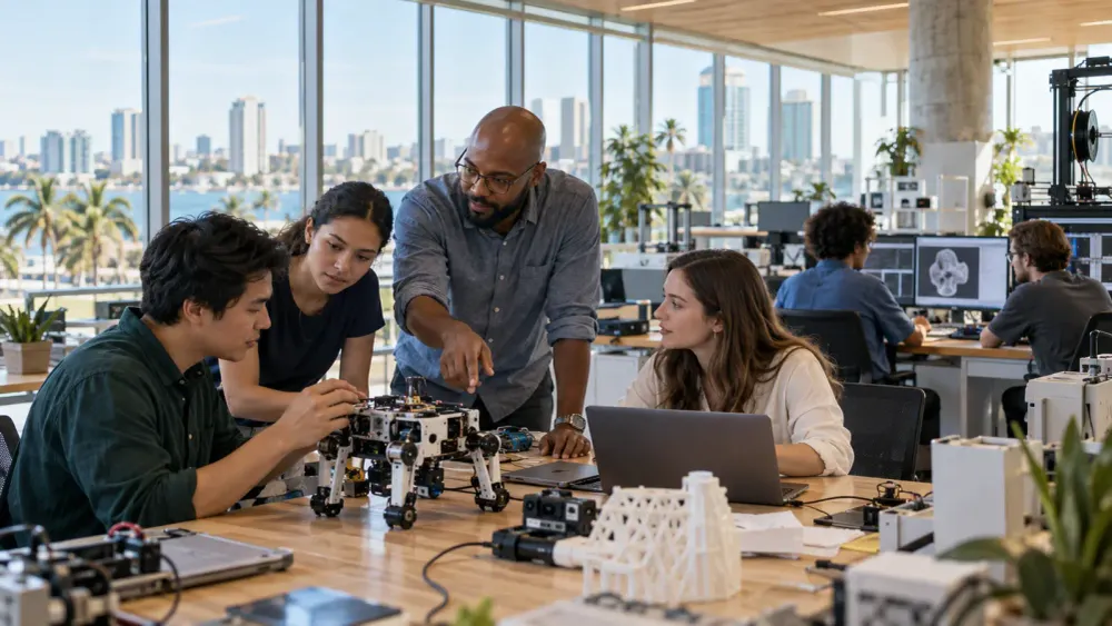 Graduate students and faculty collaborate with computers and research prototypes in a modern university laboratory