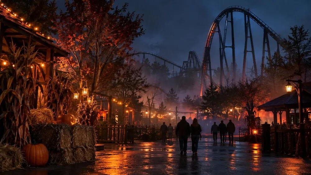 A foggy amusement park midway at night with autumn decorations and a roller coaster silhouetted against the sky