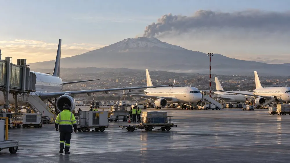 Parked passenger aircraft at Catania Airport as a Mount Etna ash plume drifts in the distance.