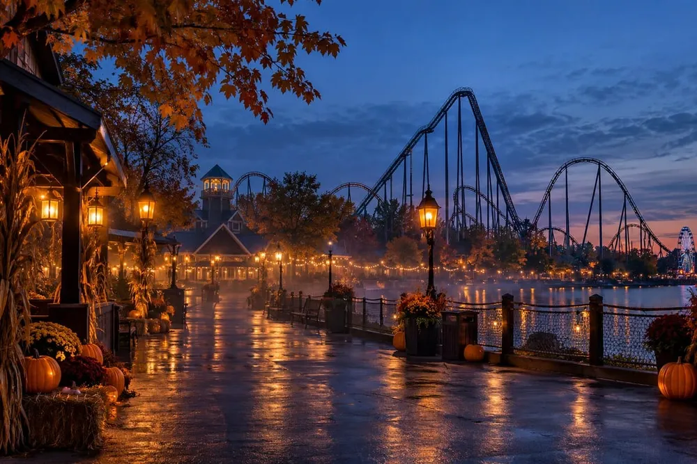 Conceptual lakeside amusement park midway decorated for autumn at twilight