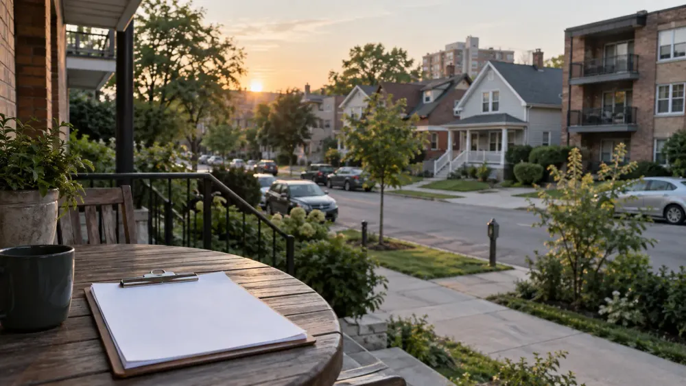 Blank clipboard on a porch overlooking a residential neighborhood at dawn