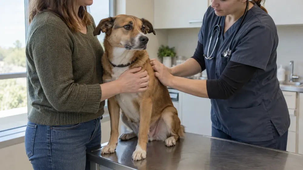 A veterinarian examines a dog beside its owner in an unbranded clinic