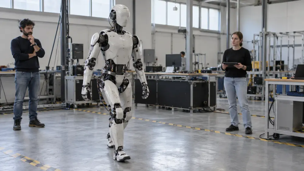 Humanoid robot undergoing mobility testing as civilian engineers observe in a robotics laboratory
