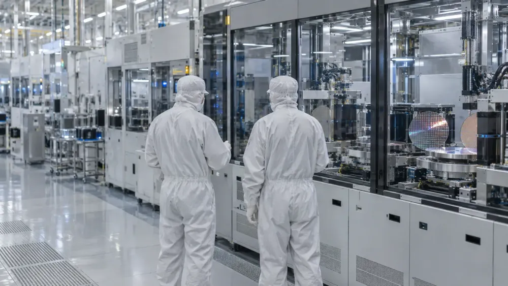 Two technicians inspect wafer-processing equipment in an anonymous semiconductor cleanroom.