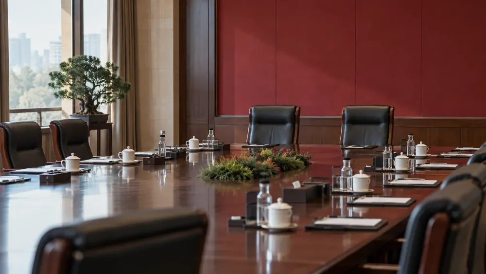 Editorial image of two empty senior chairs in a formal conference room, symbolizing changes in China’s military leadership.