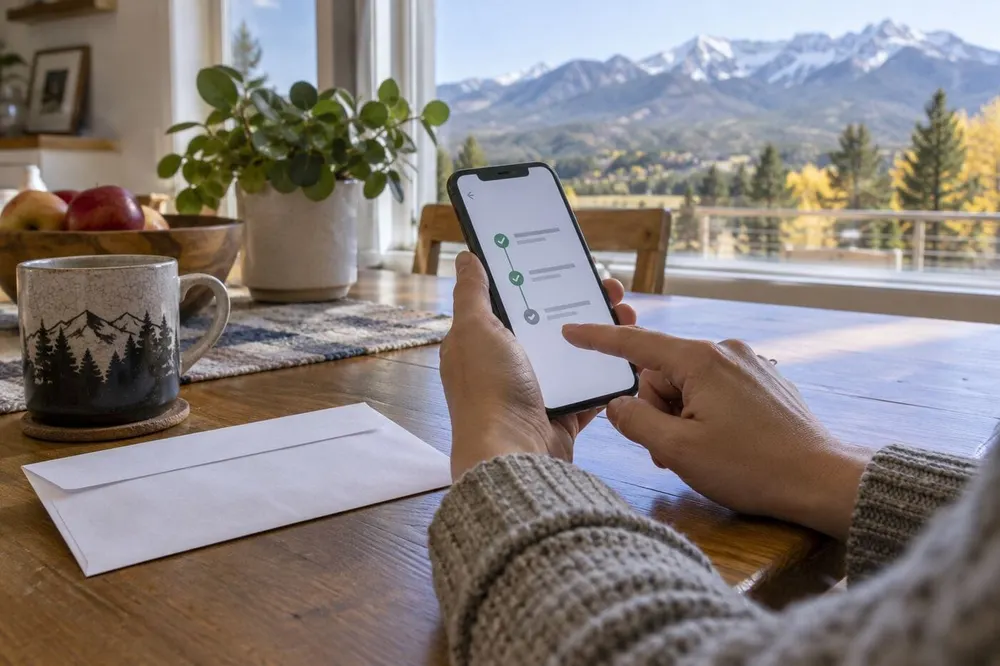 A Colorado voter checks a generic ballot-status notification on a smartphone beside a sealed mail envelope.